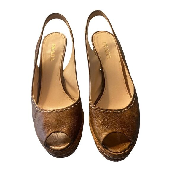 Prada Trendy  Brown Leather Peep Toe Slingback Heels 40 - Picture 1 of 7